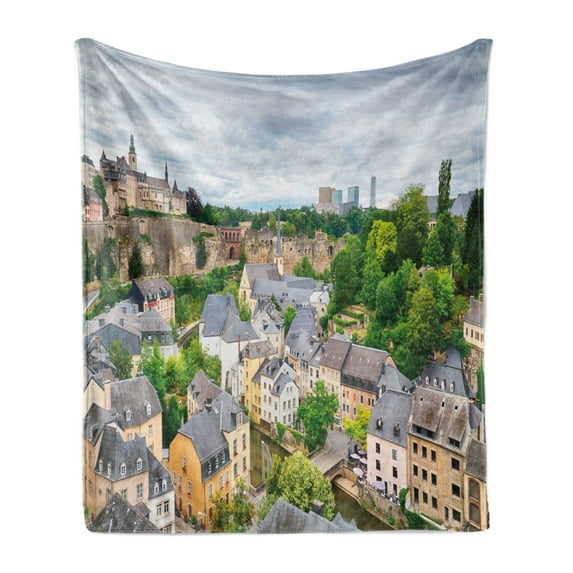 Landscape Soft Flannel Fleece Blanket, View of Old Town Area Luxembourg City Touristic Destination European Scenic Photo, Cozy Plush for Indoor and Outdoor Use, 50" x 70", Multicolor, by Ambesonne