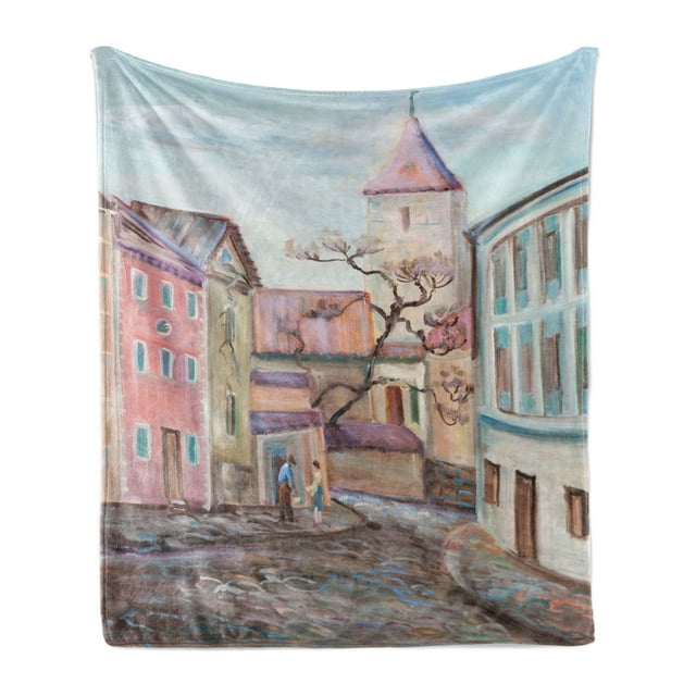 Landscape Soft Flannel Fleece Blanket, Watercolored Effect Street with Paved Stones Rocks Tower Houses People Rural Art, Cozy Plush for Indoor and Outdoor Use, 50" x 60", Multicolor, by Ambesonne
