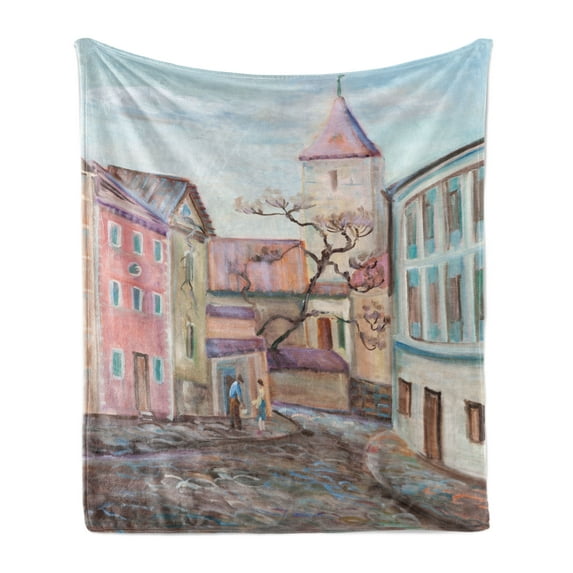 Landscape Soft Flannel Fleece Blanket, Watercolored Effect Street with Paved Stones Rocks Tower Houses People Rural Art, Cozy Plush for Indoor and Outdoor Use, 60" x 80", Multicolor, by Ambesonne