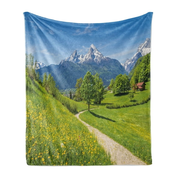 Landscape Soft Flannel Fleece Blanket, Wildflowers in the Alps and Snow-capped Mountains National Park Bavaria Germany, Cozy Plush for Indoor and Outdoor Use, 50" x 60", Yellow Green, by Ambesonne