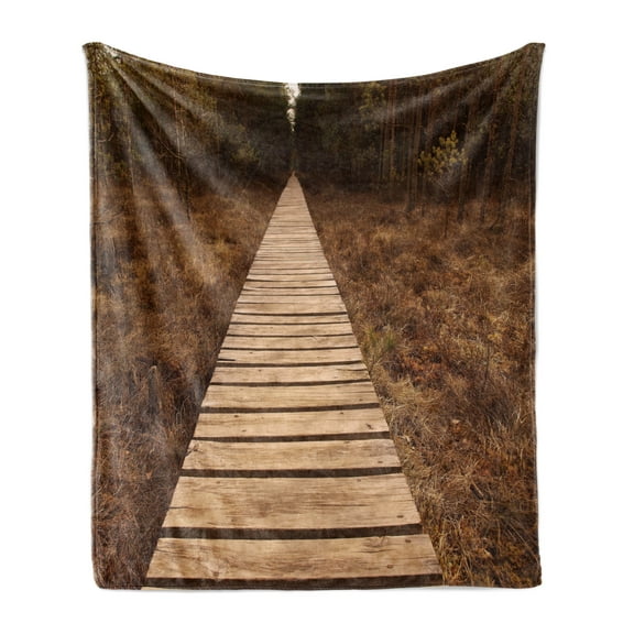Landscape Soft Flannel Fleece Blanket, Wooden Path Heading to the Forest Walk Way Towards Deep Woodland in Fall Season, Cozy Plush for Indoor and Outdoor Use, 50" x 60", Brown Green, by Ambesonne