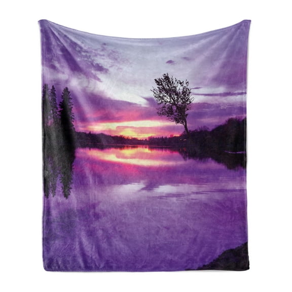 Landscape Soft Flannel Fleece Throw Blanket, Abstract Composition Shade Skies and Tree Silhouettes Nature at Sundown, Cozy Plush for Indoor and Outdoor Use, 50" x 70", Lavender Black, by Ambesonne
