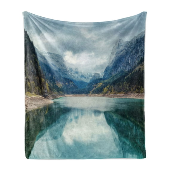 Landscape Soft Flannel Fleece Throw Blanket, Alpine Lake with Dramatic Sky Forest and Mountains Journey Art, Cozy Plush for Indoor and Outdoor Use, 60" x 80", Blue Green Grey, by Ambesonne