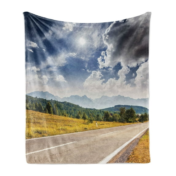 Landscape Soft Flannel Fleece Throw Blanket, American Desert Abandoned Road Hot Sunny Clouded Weather Art Image, Cozy Plush for Indoor and Outdoor Use, 50" x 70", Amber Taupe Green, by Ambesonne