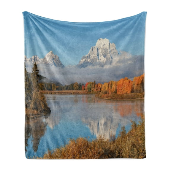 Landscape Soft Flannel Fleece Throw Blanket, Autumn Beauty in Grand Teton Oxbow Bend Nature National Parks Wyoming Scenery, Cozy Plush for Indoor and Outdoor Use, 50" x 60", Multicolor, by Ambesonne