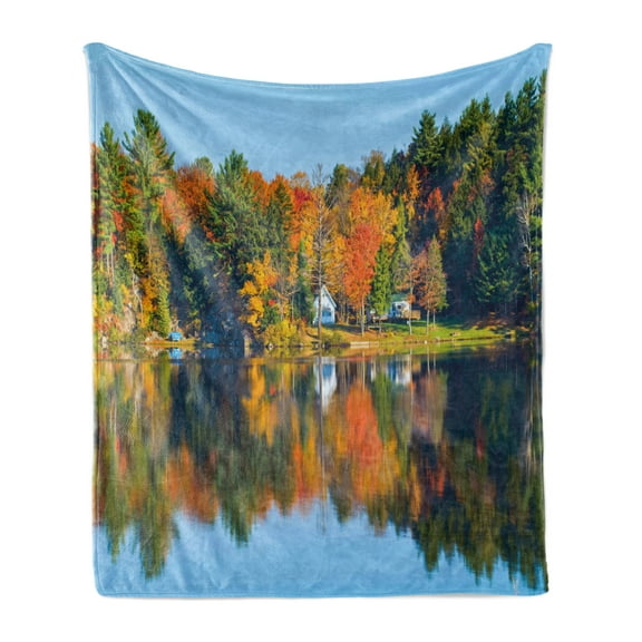 Landscape Soft Flannel Fleece Throw Blanket, Autumn Fall Scenery Orange Marigold Leaves Lake Houses and Clear Sky Image, Cozy Plush for Indoor and Outdoor Use, 50" x 70", Multicolor, by Ambesonne