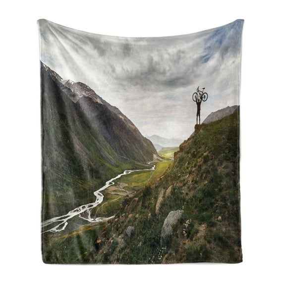 Landscape Soft Flannel Fleece Throw Blanket, Biker Glory Peak of Mountain Biking Valley Clear Sky Outdoor Sports Adrenaline, Cozy Plush for Indoor and Outdoor Use, 50" x 60", Multicolor, by Ambesonne