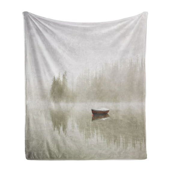 Landscape Soft Flannel Fleece Throw Blanket, Boat on the Lake Silhouettes Trees on Water Sky Nature Themed Art, Cozy Plush for Indoor and Outdoor Use, 70" x 90", Eggshell Brown Orange, by Ambesonne