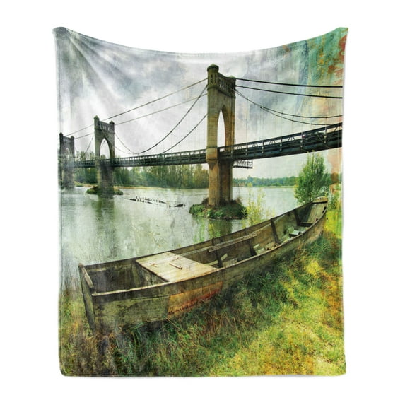 Landscape Soft Flannel Fleece Throw Blanket, Bridge and Old Boat on Riverside Distressed Paint Style Nostalgic City Picture, Cozy Plush for Indoor and Outdoor Use, 70" x 90", Green Grey, by Ambesonne