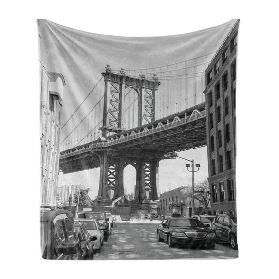 Landscape Soft Flannel Fleece Throw Blanket, Brooklyn New York Usa Landmark Bridge Street with Cars Photo, Cozy Plush for Indoor and Outdoor Use, 50" x 70", Charcoal Grey White, by Ambesonne