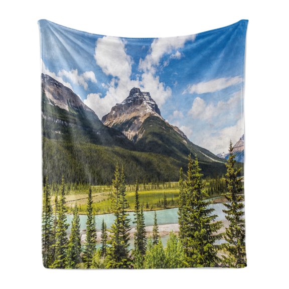 Landscape Soft Flannel Fleece Throw Blanket, Canadian Nature Cliffs High Tops and Ranges in Spring Day Panorama Image Print, Cozy Plush for Indoor and Outdoor Use, 60" x 80", Green Blue, by Ambesonne