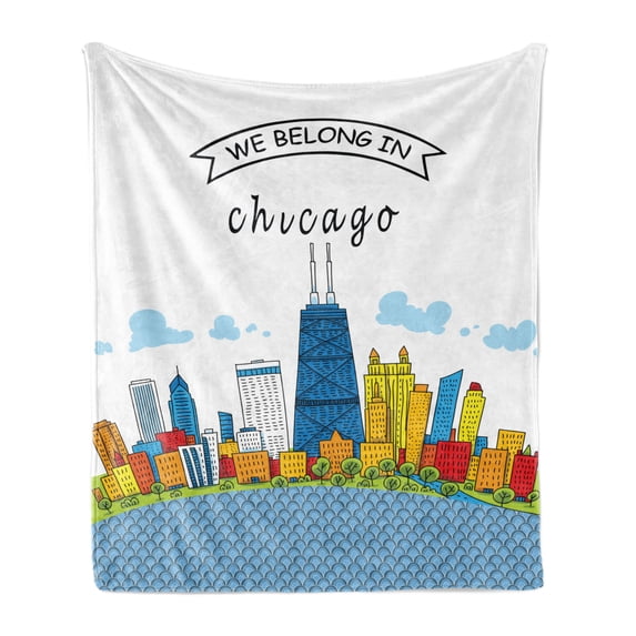 Landscape Soft Flannel Fleece Throw Blanket, Chicago Skyline Cartoon Colorful City View Cityscape Personalized USA American, Cozy Plush for Indoor and Outdoor Use, 70" x 90", Multicolor, by Ambesonne