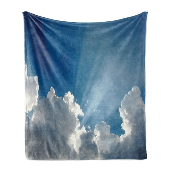 Landscape Soft Flannel Fleece Throw Blanket, Colorful Sky with Clouds and Sun Rays Dreamy Cloudscape After Rain Picture Art, Cozy Plush for Indoor and Outdoor Use, 70" x 90", Blue White, by Ambesonne