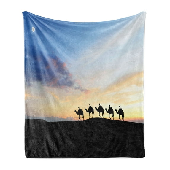 Landscape Soft Flannel Fleece Throw Blanket, Desert Picturesque of a Sunset Sky with Men Silhouettes Riding on Camels, Cozy Plush for Indoor and Outdoor Use, 50" x 70", Multicolor, by Ambesonne