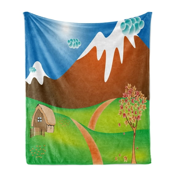 Landscape Soft Flannel Fleece Throw Blanket, Digitally Generated Cartoon Country Outdoor Scene with House Mountains Field, Cozy Plush for Indoor and Outdoor Use, 70" x 90", Multicolor, by Ambesonne