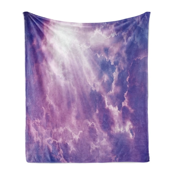Landscape Soft Flannel Fleece Throw Blanket, Dramatic Sky with Sun and Heavy Clouds Majestic Sun Rays Picture, Cozy Plush for Indoor and Outdoor Use, 50" x 60", Purple and White, by Ambesonne
