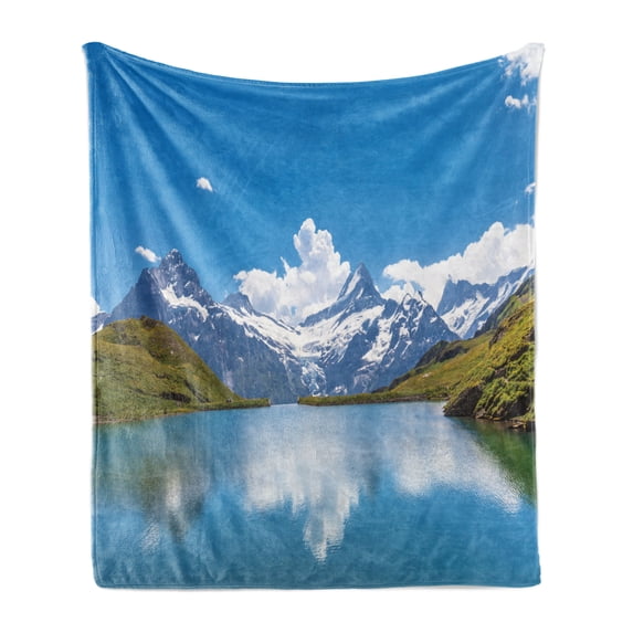 Landscape Soft Flannel Fleece Throw Blanket, Dreamy View of Alpine Lake with Snow Frozen Peaks Swiss Northern Explore, Cozy Plush for Indoor and Outdoor Use, 70" x 90", Blue Green White, by Ambesonne