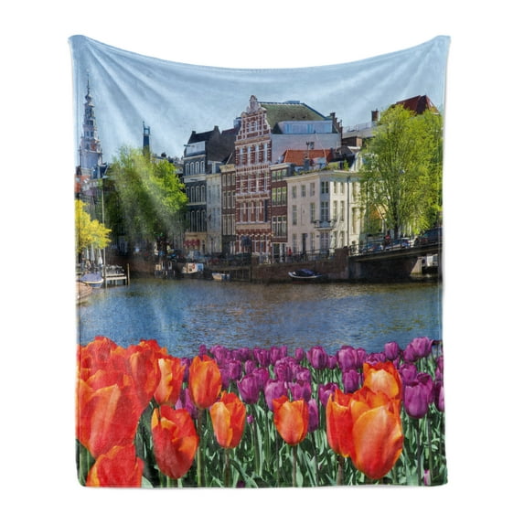 Landscape Soft Flannel Fleece Throw Blanket, European City Holland Amsterdam Scenery of Old Victorian Era Houses Art Print, Cozy Plush for Indoor and Outdoor Use, 50" x 70", Multicolor, by Ambesonne