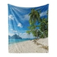 thumbnail image 1 of Landscape Soft Flannel Fleece Throw Blanket, Exotic Botanic Island near Seashore Palms Mountains Clear Open Sky Photo, Cozy Plush for Indoor and Outdoor Use, 60" x 80", Blue Cream Green, by Ambesonne, 1 of 6