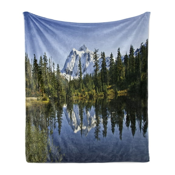 Landscape Soft Flannel Fleece Throw Blanket, Fall Colored Trees and Snowy Mountain Landscape with Crystal Lake Nature, Cozy Plush for Indoor and Outdoor Use, 50" x 60", Green Blue White, by Ambesonne