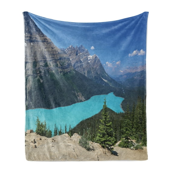 Landscape Soft Flannel Fleece Throw Blanket, Fascinating Nature Photo from Aerial Vista Mountains Sky and Peyto Lake, Cozy Plush for Indoor and Outdoor Use, 50" x 60", Multicolor, by Ambesonne