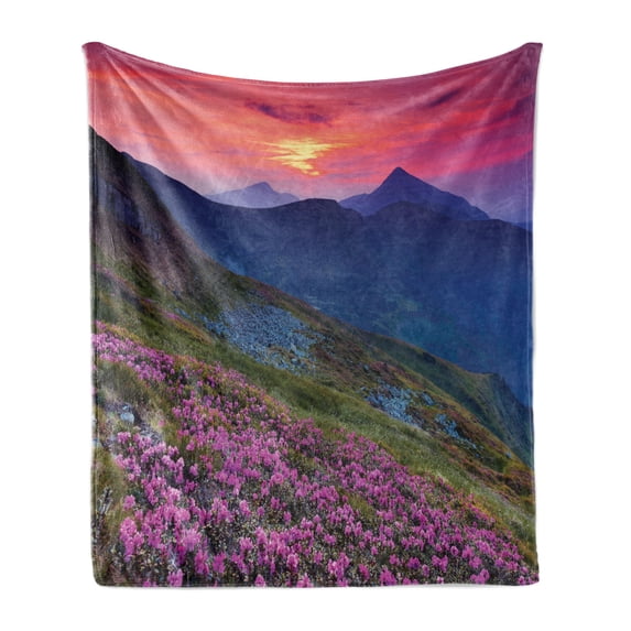 Landscape Soft Flannel Fleece Throw Blanket, Floral Mountians Nature Outdoory at Sunset, Cozy Plush for Indoor and Outdoor Use, 70" x 90", Multicolor, by Ambesonne
