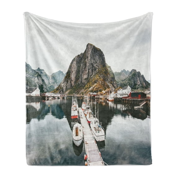 Landscape Soft Flannel Fleece Throw Blanket, Foothill of Mountain Marina with Sailing Boats Marine Nature Scenic Outdoors, Cozy Plush for Indoor and Outdoor Use, 50" x 60", Multicolor, by Ambesonne