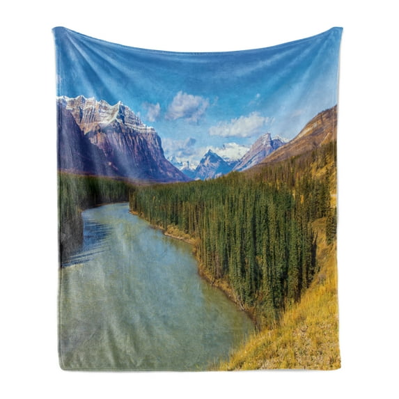 Landscape Soft Flannel Fleece Throw Blanket, Highland Atmosphere in Canada on the Shores of the Abraham Lake Autumn Forests, Cozy Plush for Indoor and Outdoor Use, 50" x 60", Multicolor, by Ambesonne