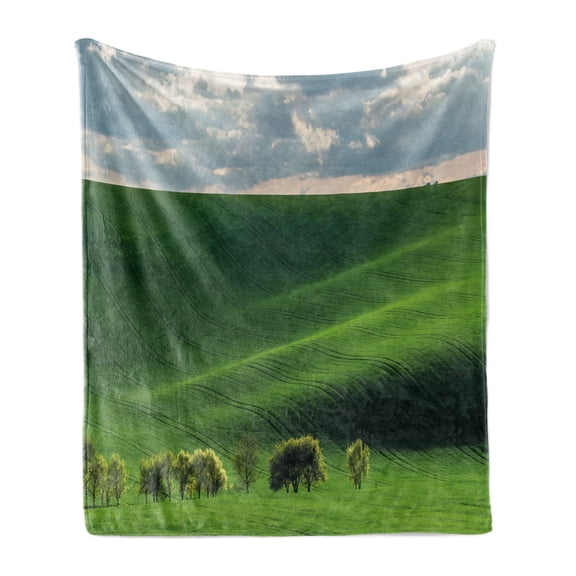 Landscape Soft Flannel Fleece Throw Blanket, Hills in the Rays of Evening Sun Agricultural Landscape Cloudy Sky Rainy Day Nature, Cozy Plush for Indoor and Outdoor Use, 60" x 80", Green, by Ambesonne