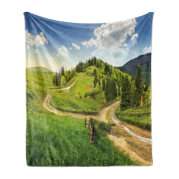 Landscape Soft Flannel Fleece Throw Blanket, Hillside Meadows Cloudy Sky Fence near the Road with Fir Trees on Both Sides, Cozy Plush for Indoor and Outdoor Use, 50" x 60", Green Blue, by Ambesonne