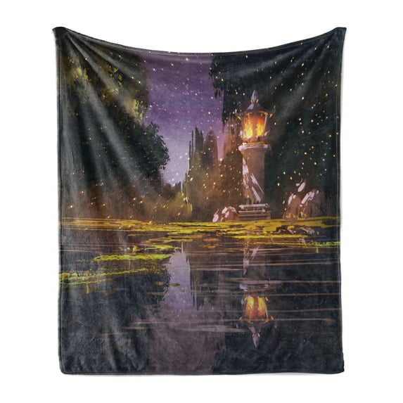 Landscape Soft Flannel Fleece Throw Blanket, Idyllic Scenery at Night with a Stone Lantern Fireflies and Forest Trees Swamp, Cozy Plush for Indoor and Outdoor Use, 50" x 70", Multicolor, by Ambesonne