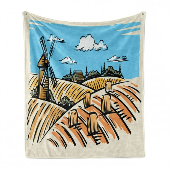 Landscape Soft Flannel Fleece Throw Blanket, Illustration of Windmillnd Hay Bales Harvest Season, Cozy Plush for Indoor and Outdoor Use, 70" x 90", Pale Brown Earth Yellow, by Ambesonne