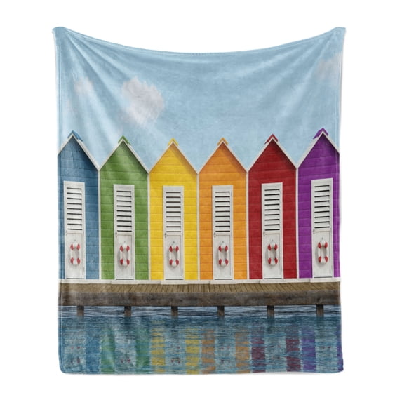 Landscape Soft Flannel Fleece Throw Blanket, Image of Colorful Beach Cabins on an Old Wooden Pier by Sea Summer Beach House, Cozy Plush for Indoor and Outdoor Use, 70" x 90", Multicolor, by Ambesonne