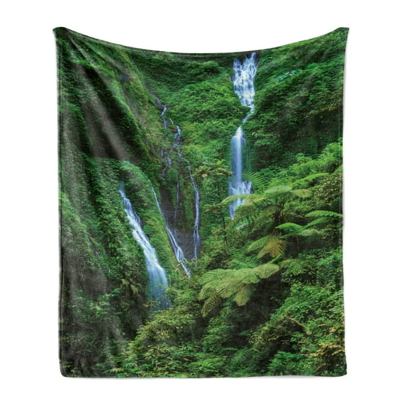 Landscape Soft Flannel Fleece Throw Blanket, Indonesia Madakaripura Waterfall Aerial Photo Nature Jungle Landscape, Cozy Plush for Indoor and Outdoor Use, 70" x 90", Green Pale Sky Blue, by Ambesonne