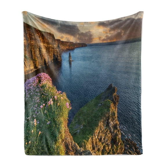 Landscape Soft Flannel Fleece Throw Blanket, Ireland Outdoors County Clare the Cliffs of Moher West Atlantic Ocean Scenic, Cozy Plush for Indoor and Outdoor Use, 50" x 70", Multicolor, by Ambesonne