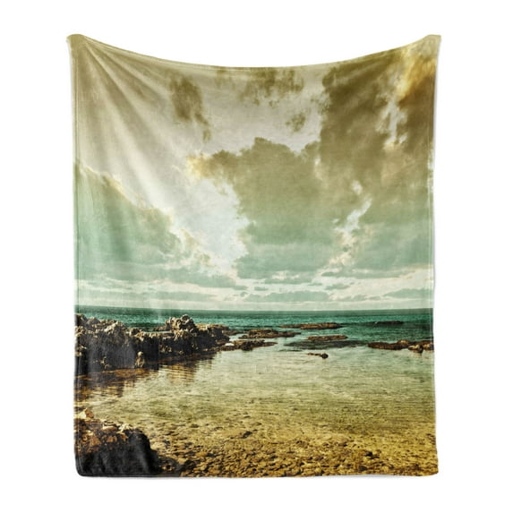 Landscape Soft Flannel Fleece Throw Blanket, Island Scenery near Ocean Sea with Clouds Puddle Stones Gloomy Air Photo, Cozy Plush for Indoor and Outdoor Use, 50" x 60", Beige Sepia Teal, by Ambesonne