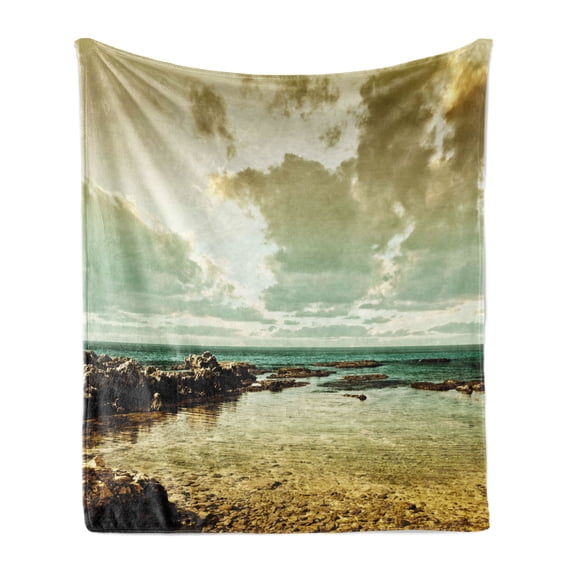 Landscape Soft Flannel Fleece Throw Blanket, Island Scenery near Ocean Sea with Clouds Puddle Stones Gloomy Air Photo, Cozy Plush for Indoor and Outdoor Use, 70" x 90", Beige Sepia Teal, by Ambesonne
