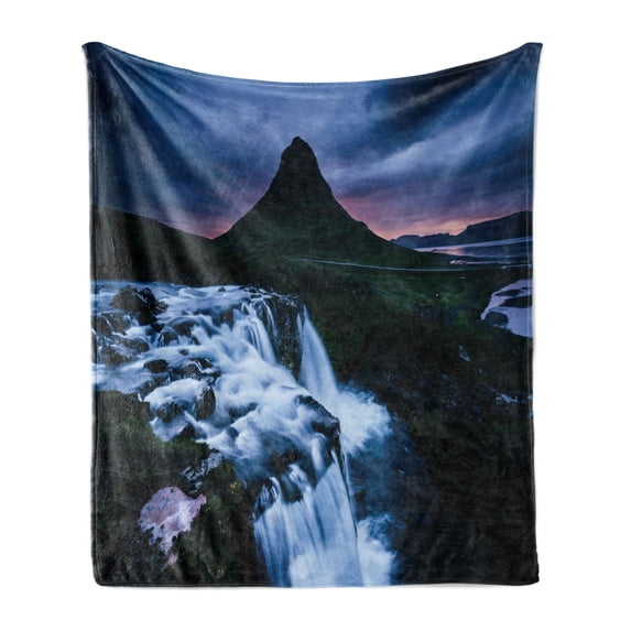 Landscape Soft Flannel Fleece Throw Blanket, Kirkjufell Volcano Coast of Snaefellsnes Peninsula Iceland European Outdoors, Cozy Plush for Indoor and Outdoor Use, 60" x 80", Multicolor, by Ambesonne