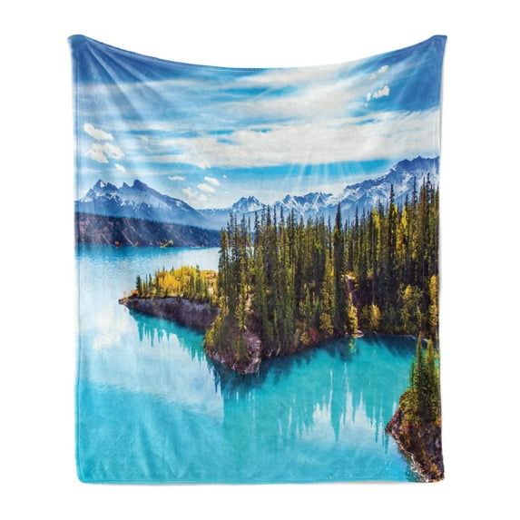 Landscape Soft Flannel Fleece Throw Blanket, Lake Abraham in the Rocky Mountain Foliage Reflection on Lake, Cozy Plush for Indoor and Outdoor Use, 70" x 90", Azure Blue White, by Ambesonne