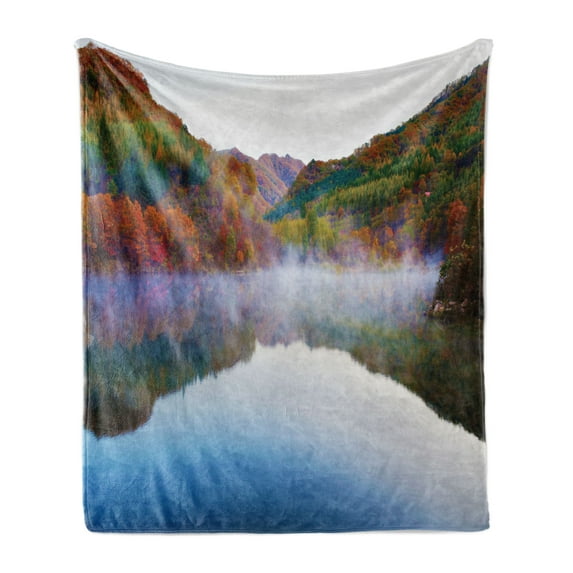 Landscape Soft Flannel Fleece Throw Blanket, Lake and Mountain Landscape in the Autumn Fall Heavenly Spaces in Earth, Cozy Plush for Indoor and Outdoor Use, 50" x 60", Multicolor, by Ambesonne