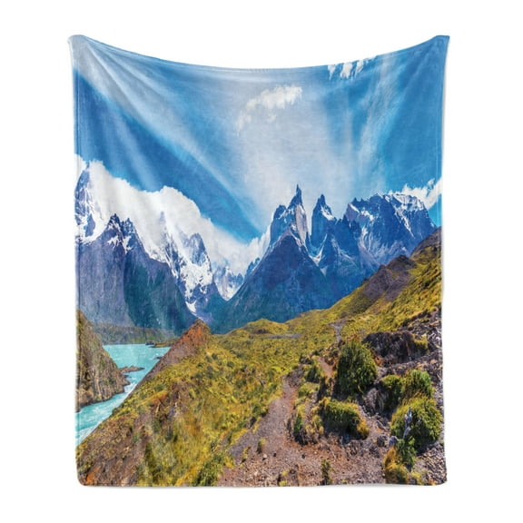 Landscape Soft Flannel Fleece Throw Blanket, Lake Pehoe Torres del Paine National Park Patagonia Chile, Cozy Plush for Indoor and Outdoor Use, 50" x 70", Dark Khaki Azure Blue, by Ambesonne