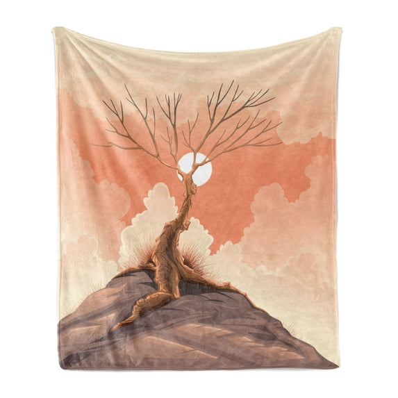 Landscape Soft Flannel Fleece Throw Blanket, Lonely Tree on Top of Cliff Rock Above the Moon Magistic Landscape Art Print, Cozy Plush for Indoor and Outdoor Use, 50" x 60", Orange Brown, by Ambesonne