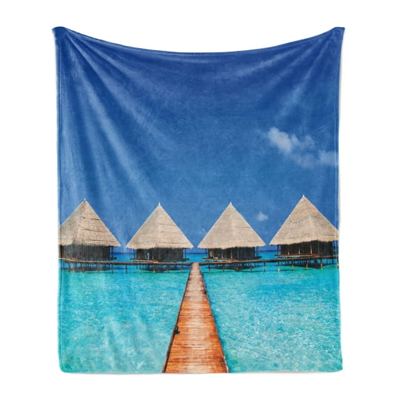 Landscape Soft Flannel Fleece Throw Blanket, Maldives Dock Clear Waters Tropical Nature Polynesian Design, Cozy Plush for Indoor and Outdoor Use, 60" x 80", Turquoise Azure Blue, by Ambesonne