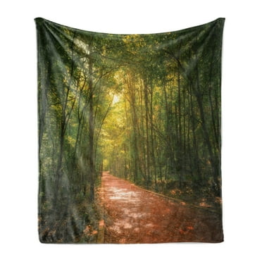 Landscape Soft Flannel Fleece Throw Blanket, Misty Forest View Tall Trees Trekking, Cozy Plush for Indoor and Outdoor Use, 70" x 90", Forest Green Dark Peach, by Ambesonne
