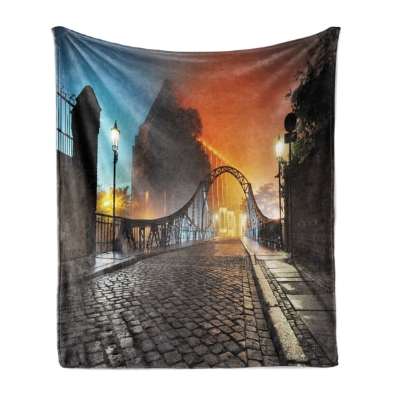 Landscape Soft Flannel Fleece Throw Blanket, Modern City Bridge at Night with Sightseeing Urban Theme Landscape, Cozy Plush for Indoor and Outdoor Use, 70" x 90", Grey Orange, by Ambesonne