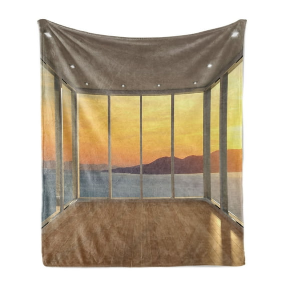 Landscape Soft Flannel Fleece Throw Blanket, Modern Design Empty House with Mountain Ocean Scenery, Cozy Plush for Indoor and Outdoor Use, 50" x 70", Pale Brown Marigold, by Ambesonne