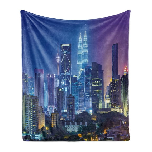 Landscape Soft Flannel Fleece Throw Blanket, Modern Scenery Image with Kuala Lumpur Cityscape Skyscrapers Artwork Print, Cozy Plush for Indoor and Outdoor Use, 50" x 60", Multicolor, by Ambesonne
