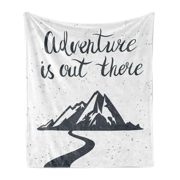 Landscape Soft Flannel Fleece Throw Blanket, Monochrome Mountain Road Exploration Words Adventure is out There, Cozy Plush for Indoor and Outdoor Use, 60" x 80", Charcoal Grey and White, by Ambesonne