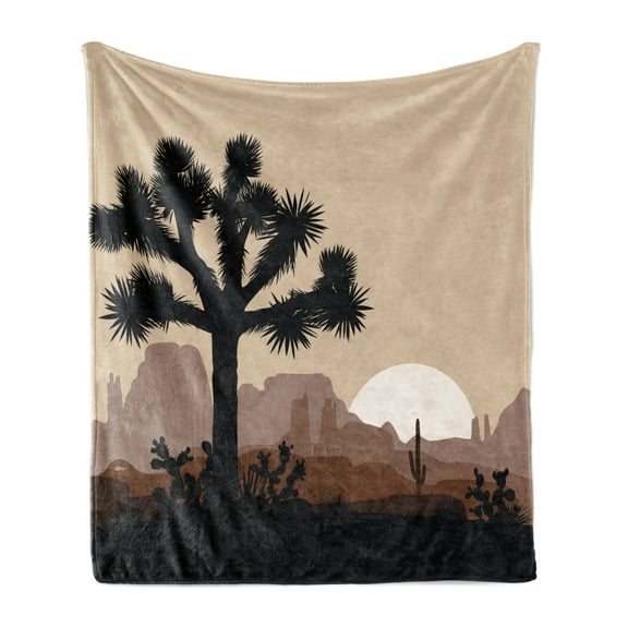 Landscape Soft Flannel Fleece Throw Blanket, Morning Scenery with Joshua Tree and Mountains over Sunrise Rocky Wilderness, Cozy Plush for Indoor and Outdoor Use, 60" x 80", Multicolor, by Ambesonne