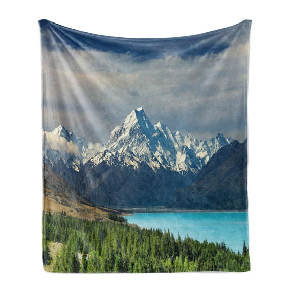 Landscape Soft Flannel Fleece Throw Blanket, Mount Cook and Pukaki Lake in New Zeland Landmark Scenic Scenery Forest, Cozy Plush for Indoor and Outdoor Use, 50" x 60", Blue White Green, by Ambesonne